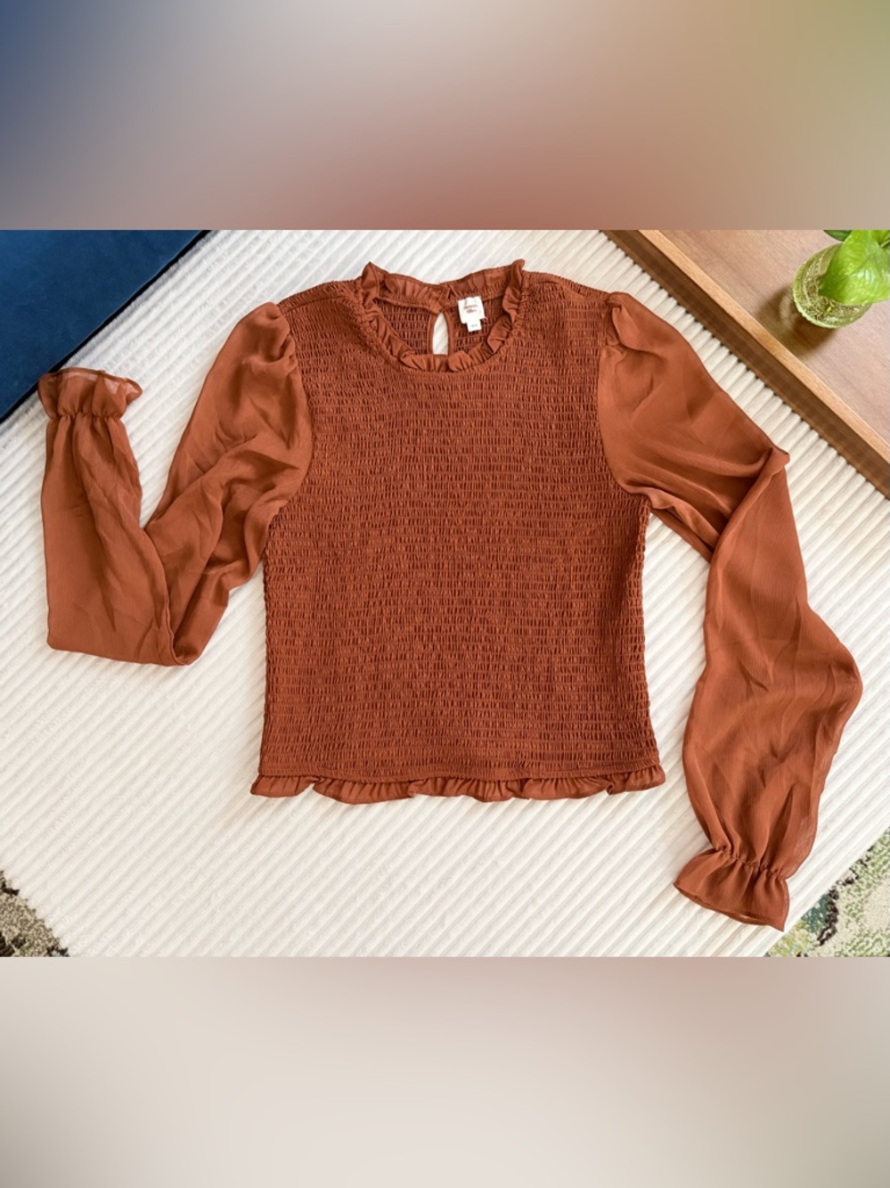 EUC Autres Filles Rust Smocked Ruffle Long-Sleeve Top Women’s Large
